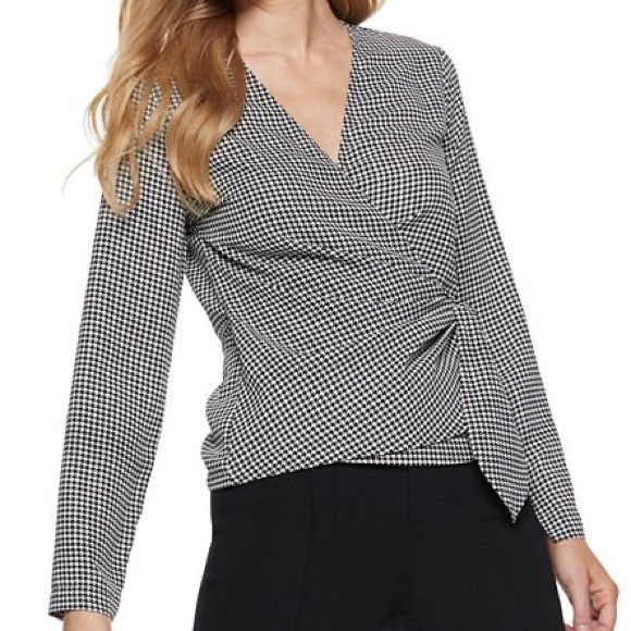 Nine West silk style black & white houndstooth long sleeve wrap blouse size S - Picture 1 of 4